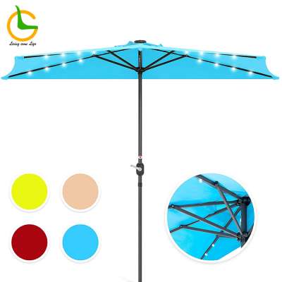 New design windproof half round commercial cafe restaurant wall patio uv proteccion led solar umbrella